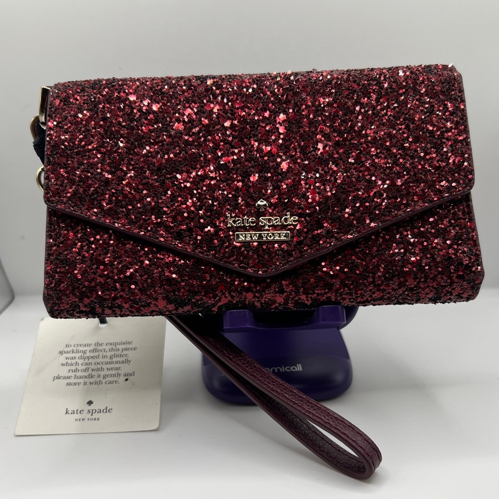 kate spade glitter wristlet clutch in burgundy red NWT